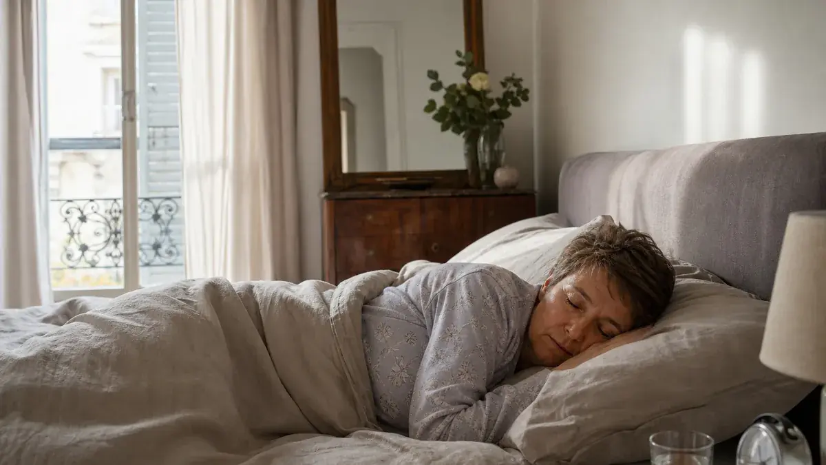 Femme endormie sur le côté dans un lit aux draps de lin, chambre claire aux rideaux blancs