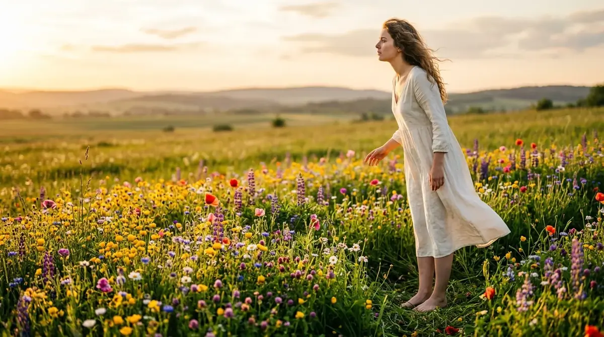 Femme en robe blanche qui marche dans une prairie fleurie au coucher du soleil