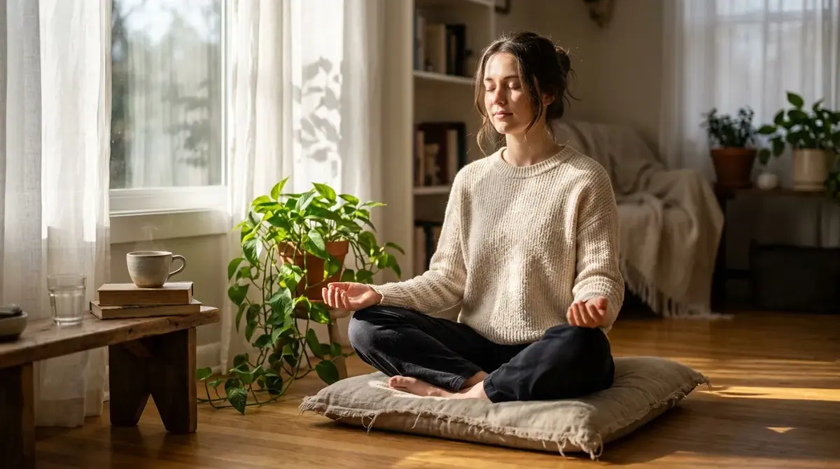 Femme qui médite en tailleur sur un coussin, dans un salon lumineux