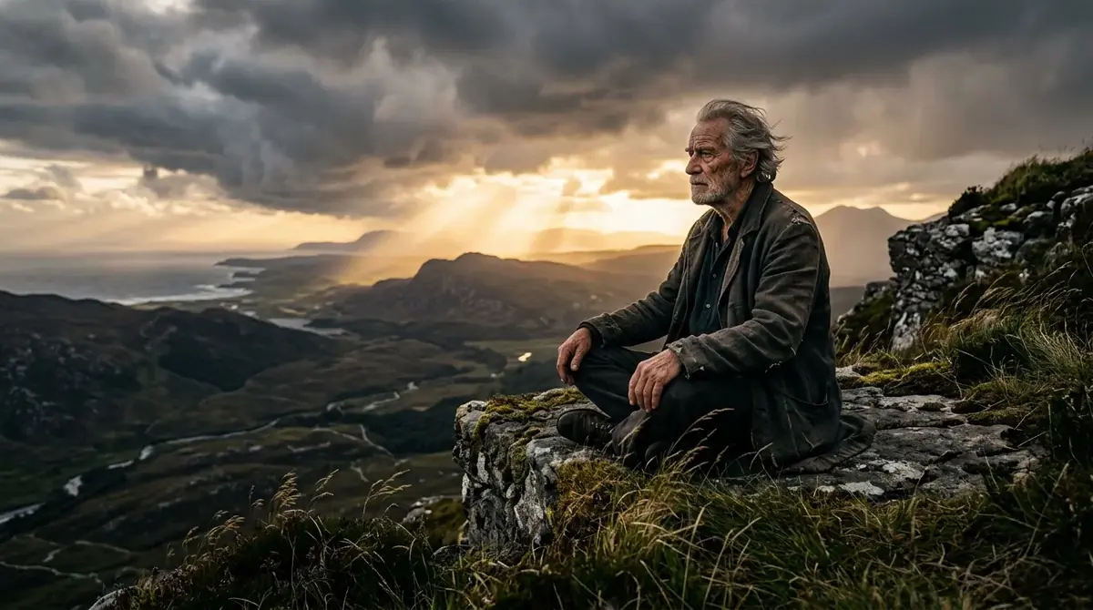 Homme âgé assis sur un rocher face à des montagnes, sous un ciel d'orage percé de lumière