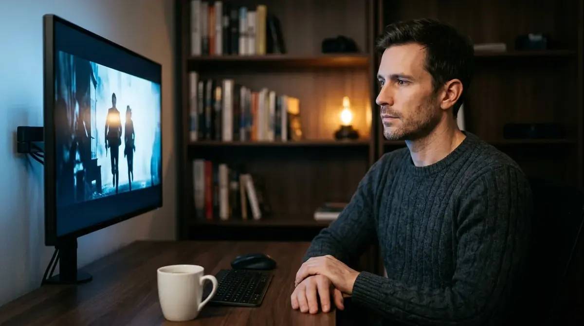 Homme assis à un bureau, attentif devant un écran diffusant un film, bibliothèque en arrière-plan