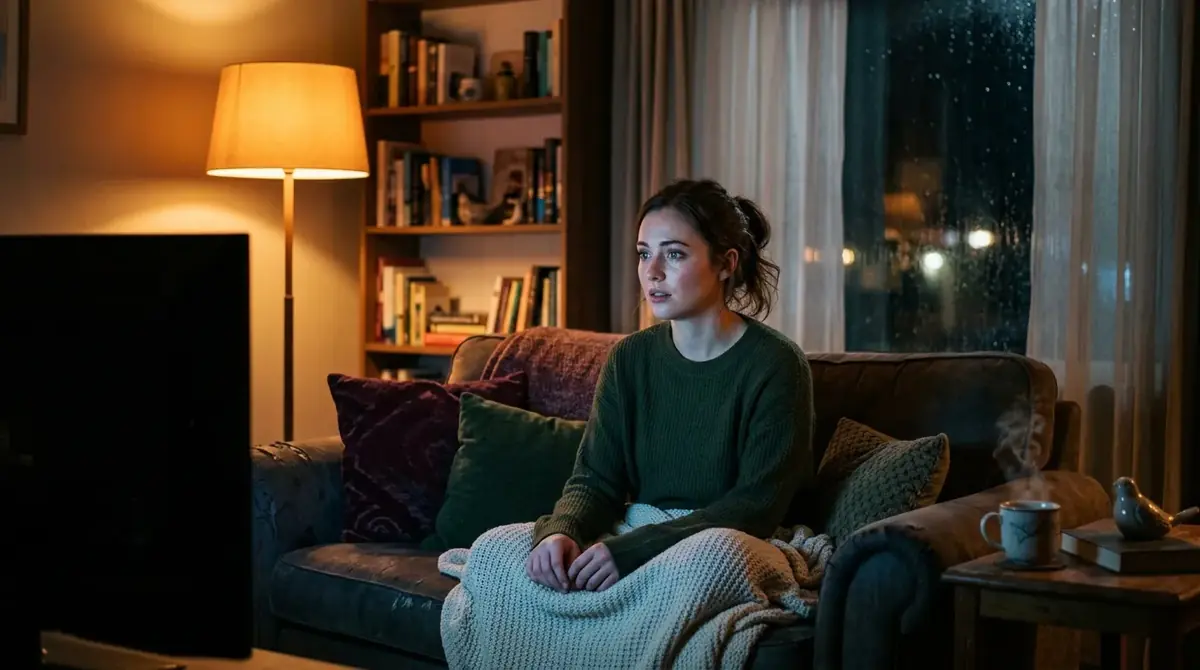 Femme assise sur un canapé, plaid sur les genoux, regardant la télévision près d’une fenêtre pluvieuse