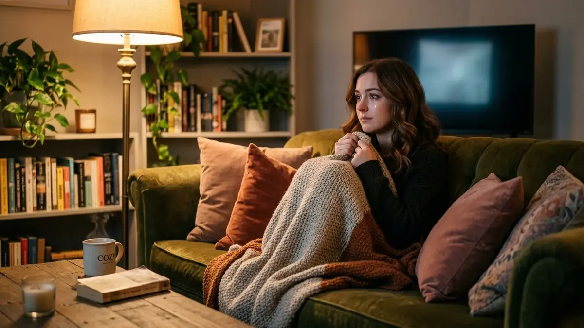 Femme emmitouflée dans un plaid sur un canapé, salon chaleureux avec lampe, livres et écran