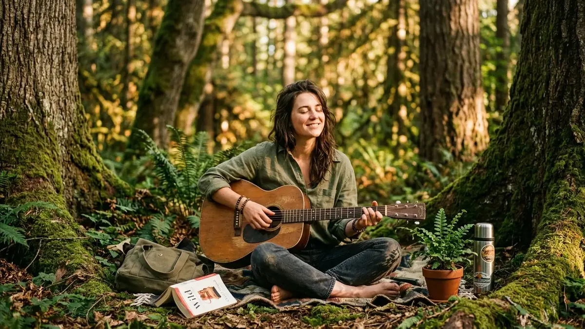 Jeune femme jouant de la guitare assise en forêt, entourée de fougères, sac et thermos, ambiance paisible