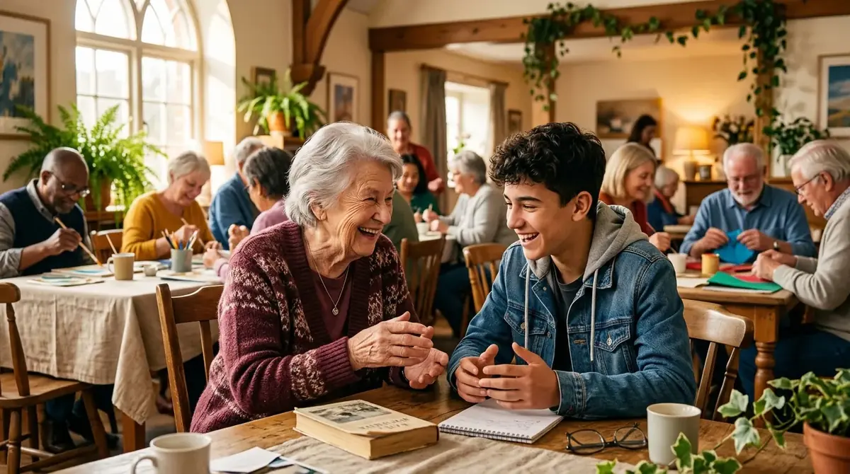 Senior échangeant avec un adolescent à une table d’atelier, groupe actif en arrière-plan chaleureux