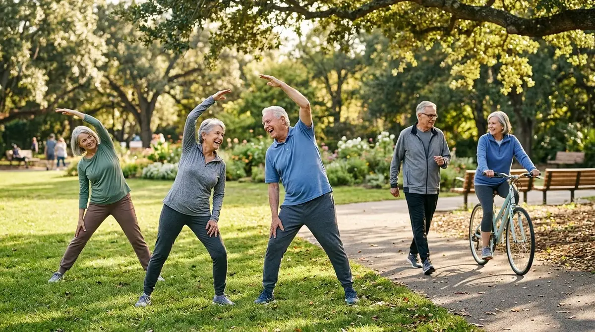 Seniors faisant des étirements, marchant et pédalant dans un parc verdoyant, atmosphère dynamique