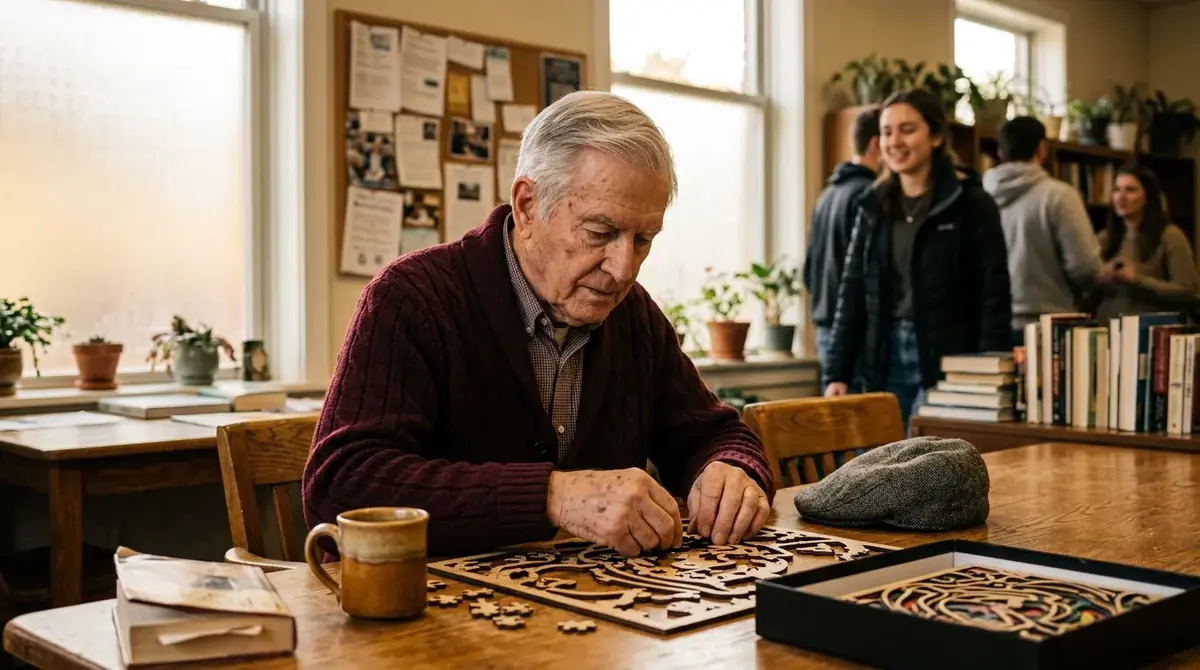 Homme âgé concentré sur un jeu de lettres dans une salle lumineuse, jeunes en discussion derrière
