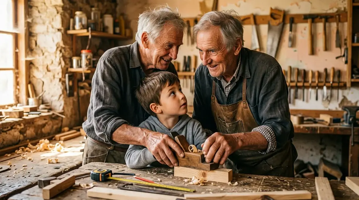 Deux hommes âgés initient un enfant au travail du bois dans un atelier, ambiance complice et créative