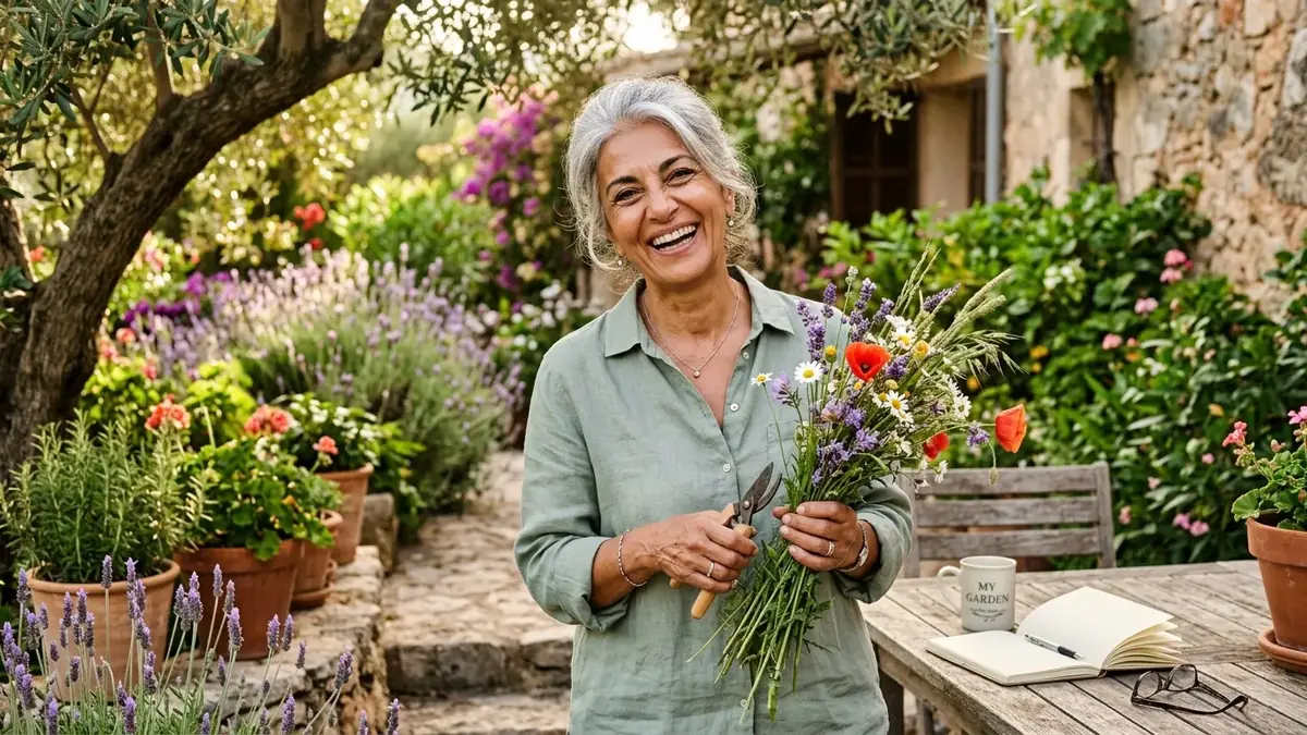 Femme âgée souriante tenant un bouquet dans un jardin fleuri, ambiance paisible et ensoleillée