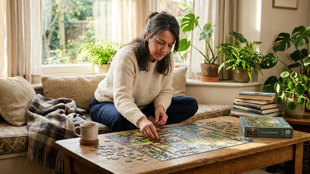 Une femme assemble un puzzle sur une table basse, assise dans un salon lumineux entouré de plantes et de livres