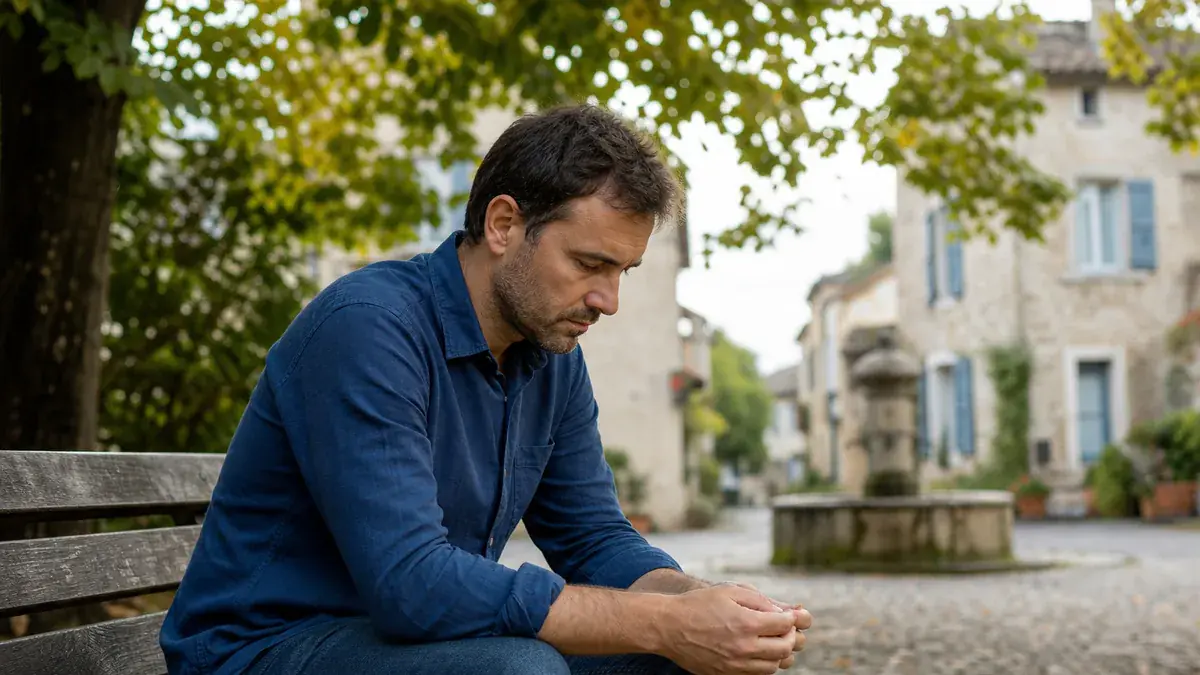 Homme assis sur un banc, mains jointes et regard baissé, sur une place de village avec fontaine