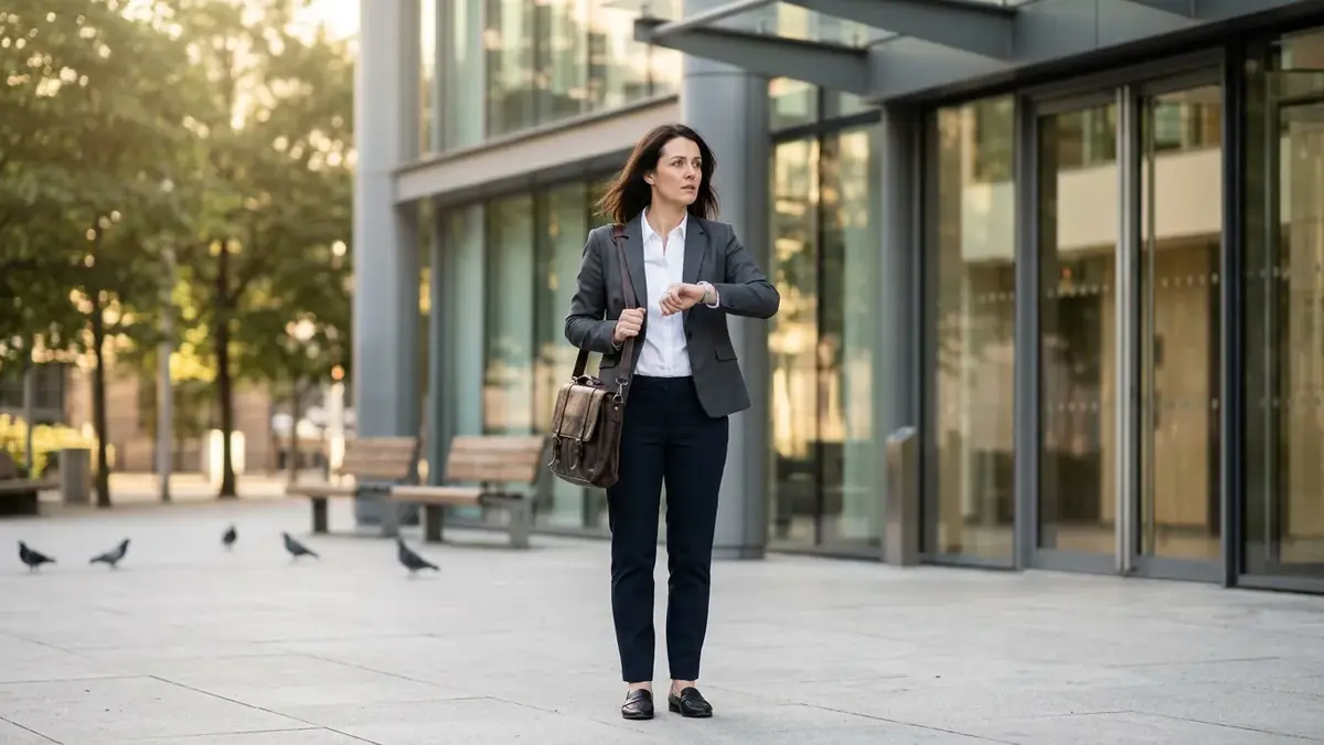Femme en tailleur devant un immeuble vitré, regardant sa montre sur une place calme au petit matin