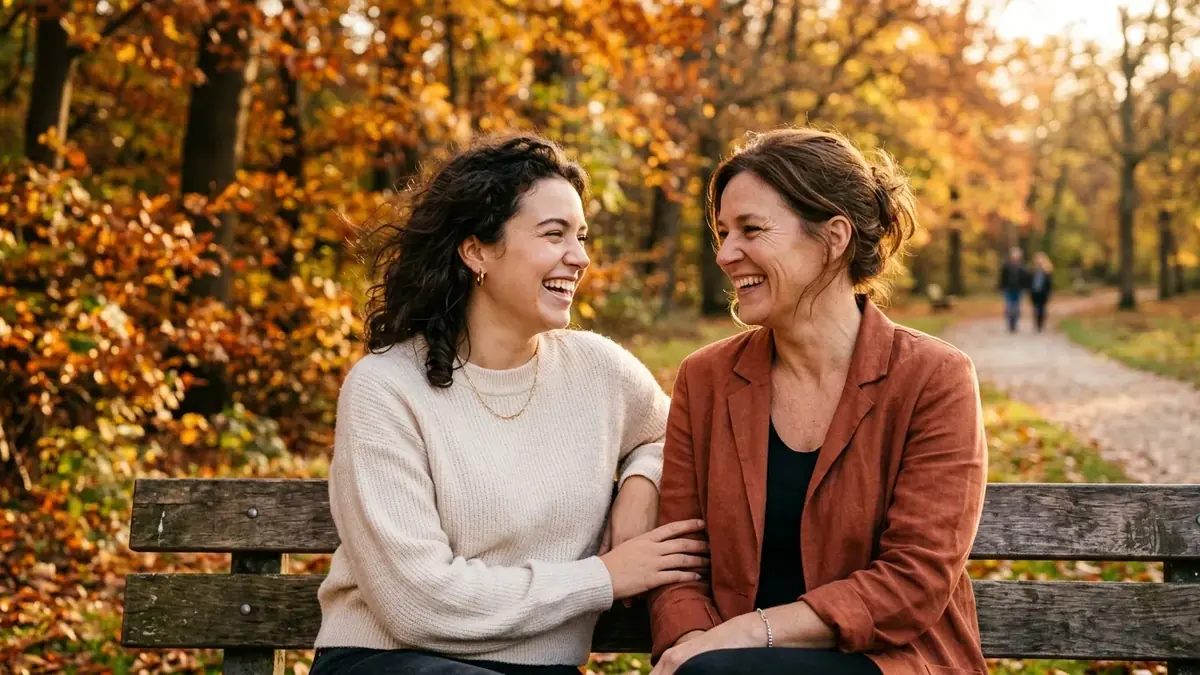 Deux amies qui rient ensemble sur un banc, dans un parc aux couleurs d'automne