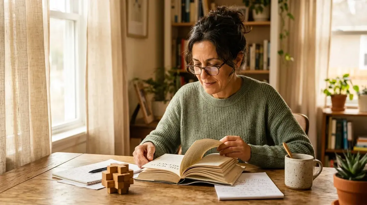 Femme à lunettes qui lit à une table près de la fenêtre, un casse-tête en bois posé à côté d'elle