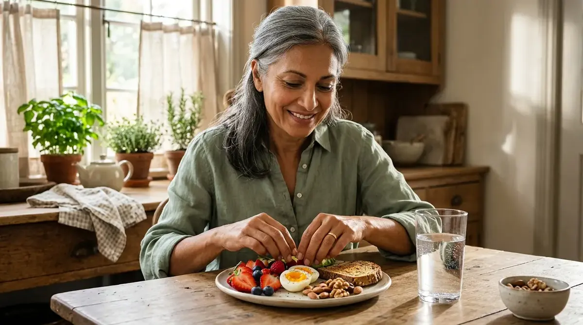 Femme aux cheveux gris souriante devant une assiette de fruits, d'œuf et de noix dans une cuisine lumineuse
