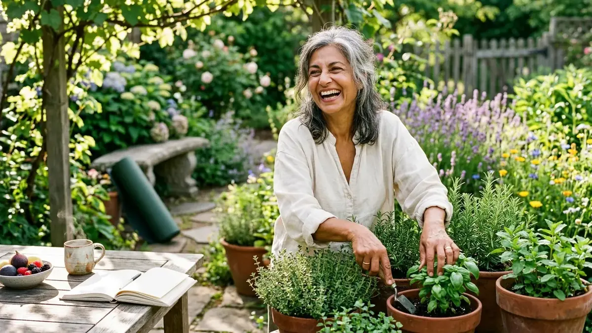 Femme aux cheveux gris qui rit en jardinant parmi des pots d'herbes aromatiques sur une terrasse fleurie