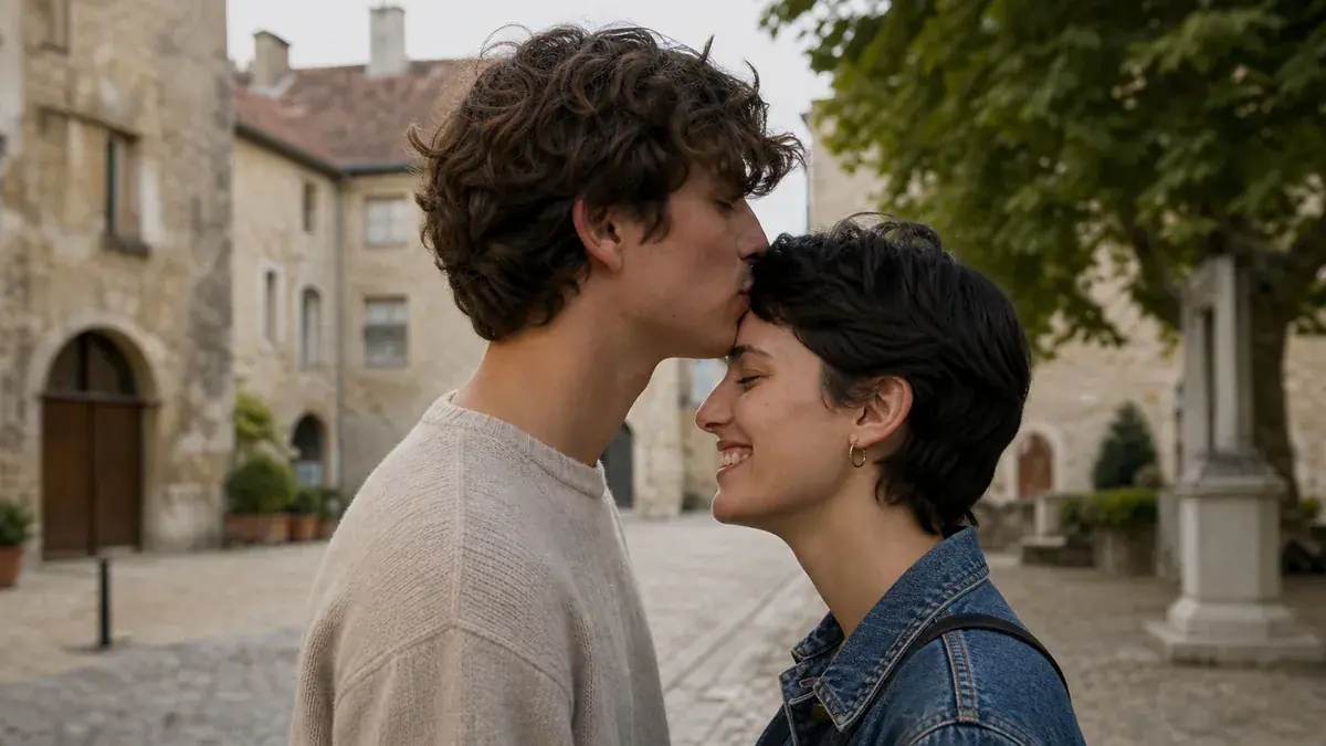 Jeune homme déposant un baiser sur le front d’une jeune femme souriante, dans une rue de village en pierre