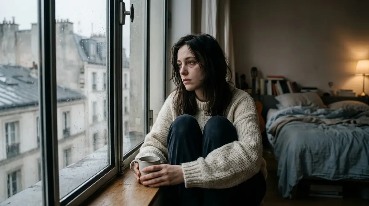 Jeune femme assise près d'une fenêtre, une tasse à la main, le regard dans le vide