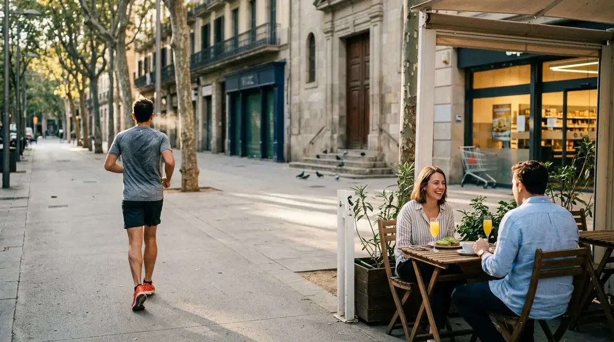 Un homme fait son jogging dans une rue pendant qu'un couple déjeune en terrasse