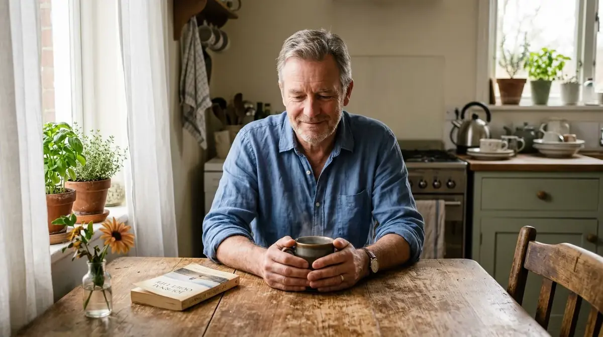 Homme souriant assis à la table de sa cuisine, une tasse chaude entre les mains
