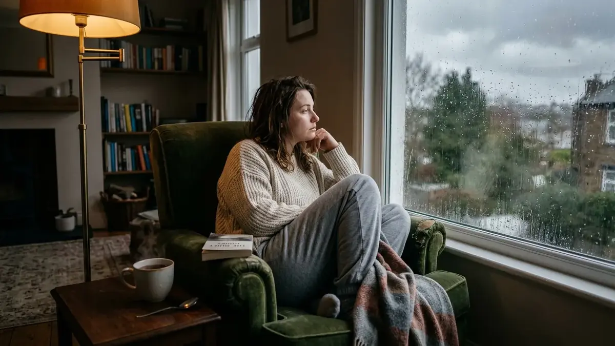 Femme pensive, assise dans un fauteuil près d'une fenêtre, un jour de pluie