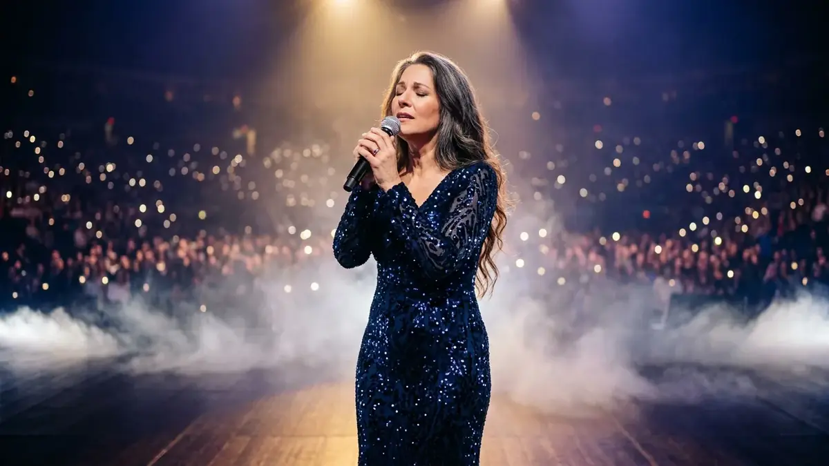 Chanteuse en robe bleue scintillante au micro sur scène, foule lumineuse et fumée en arrière-plan