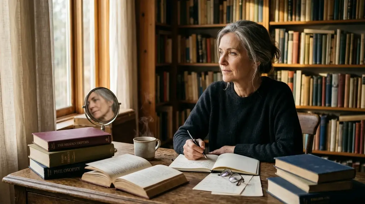 Femme aux cheveux gris, pensive, qui écrit entourée de piles de livres