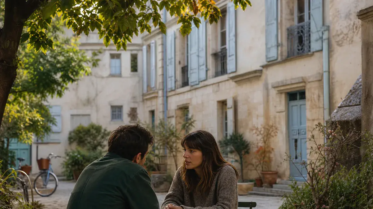 Couple assis face à face dans une cour pavée, la femme écoute l’homme avec un air grave et fermé