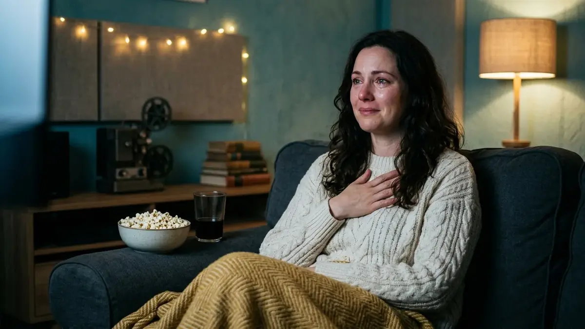 Femme émue, main sur le cœur, blottie sous un plaid dans un canapé, un bol de pop-corn à côté
