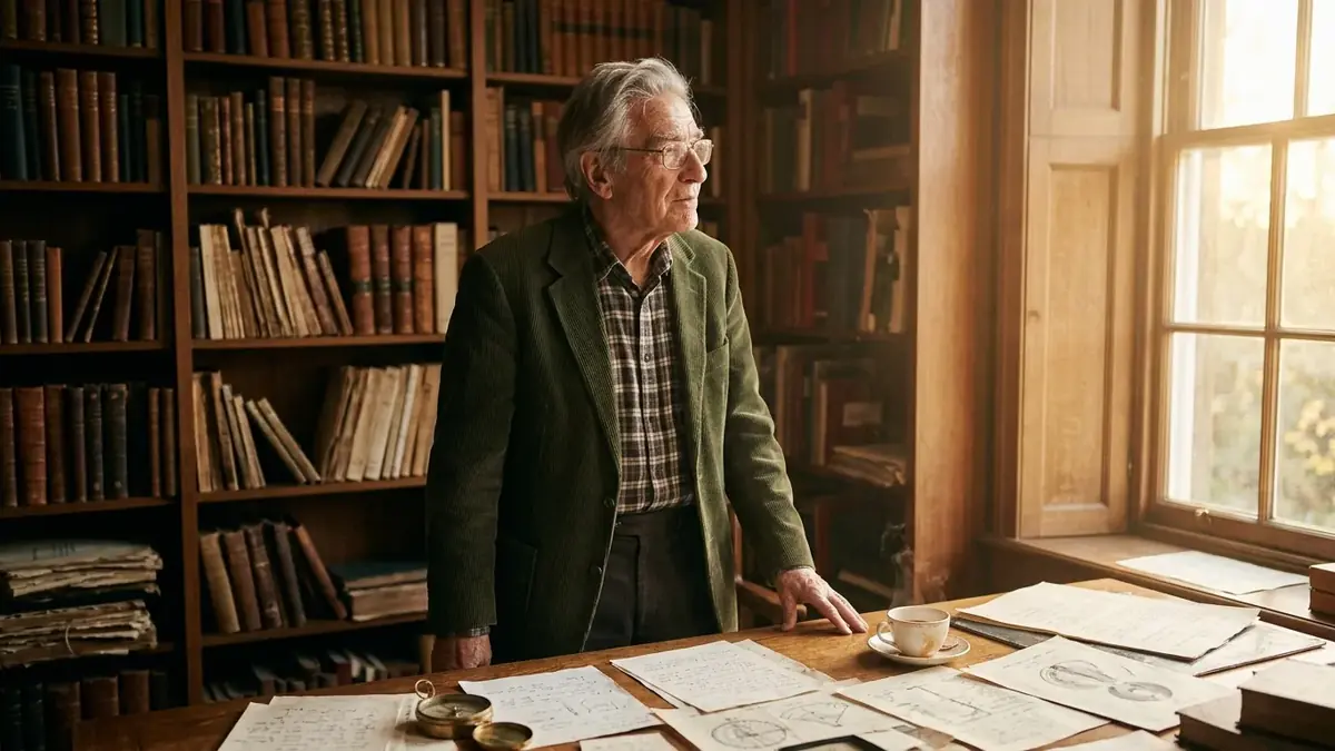 Homme âgé dans une bibliothèque, près d’un bureau couvert de papiers, regarde la fenêtre au soleil