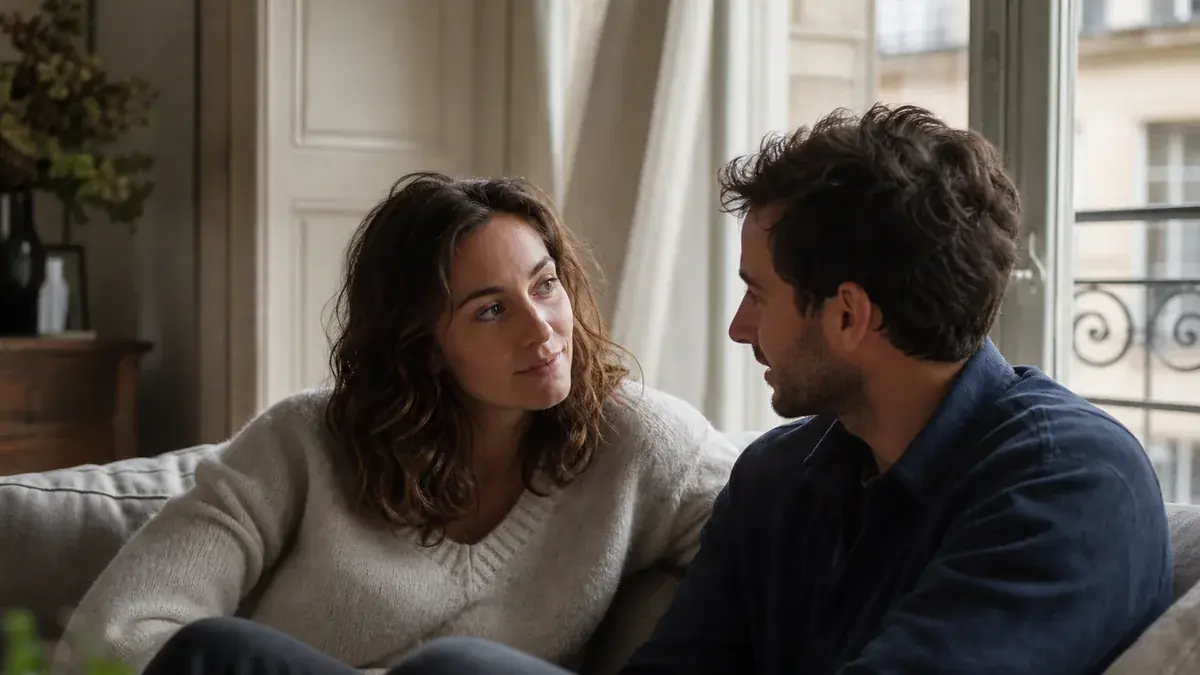 Couple assis sur un canapé près d’une fenêtre, la femme regarde l’homme avec tendresse pendant qu’il parle