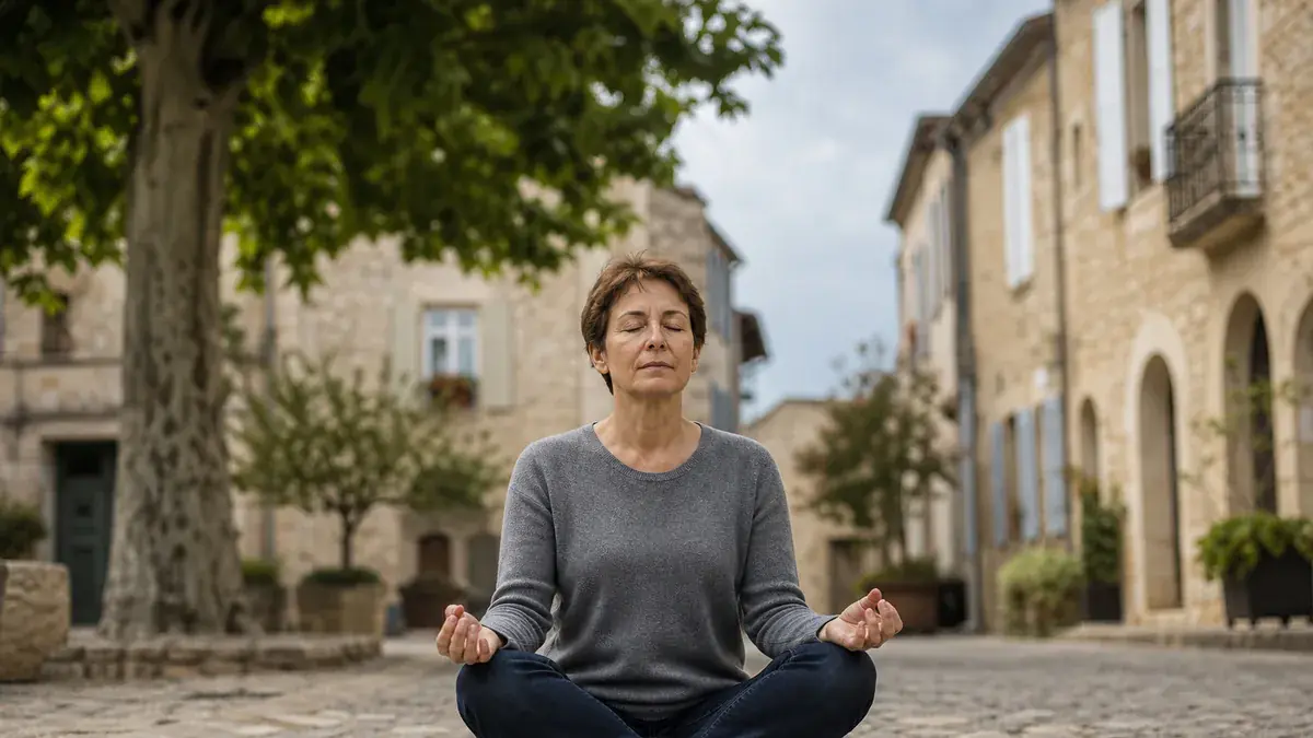 Femme assise en tailleur, yeux fermés et mains posées sur les genoux, méditant sur une place de village pavée