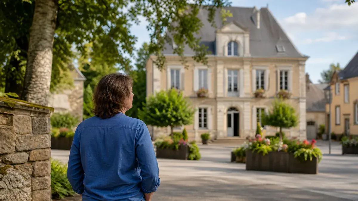 Personne de dos en chemise bleue avançant vers une grande maison bourgeoise entourée de massifs fleuris
