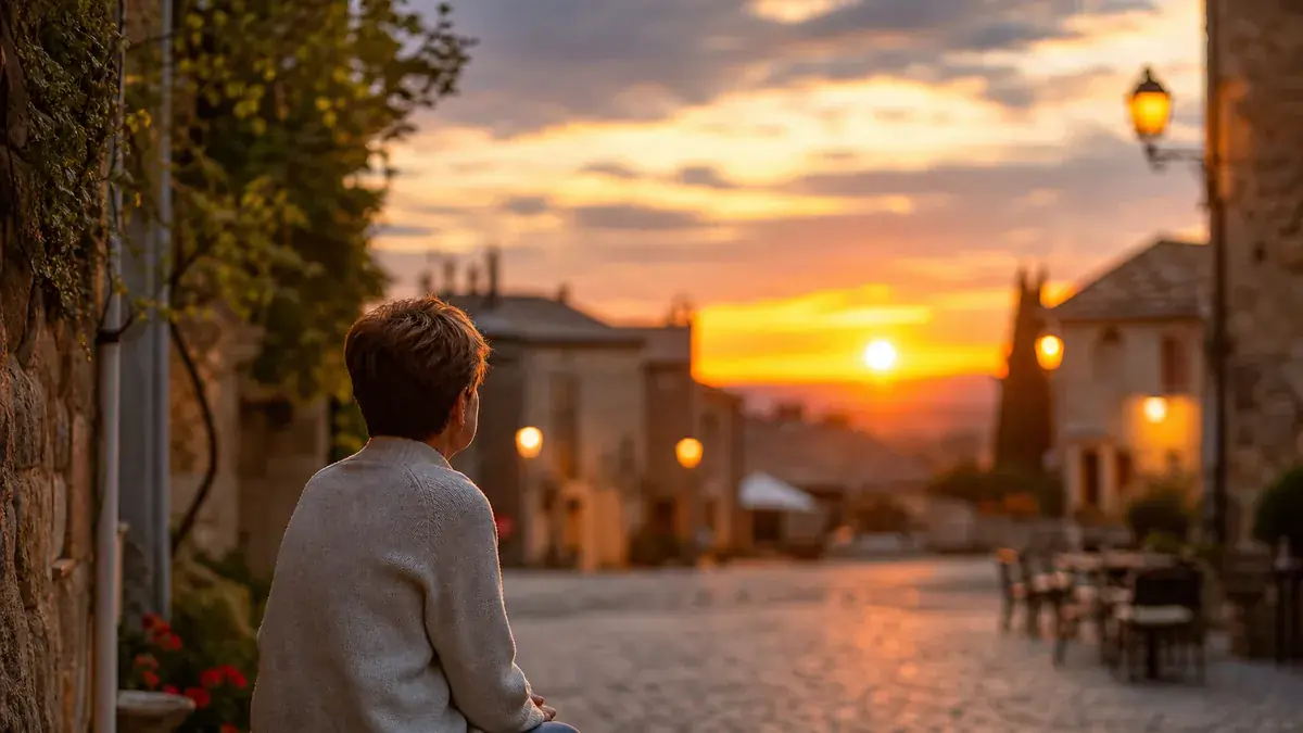 Personne vue de dos assise dans une ruelle pavée, regardant le soleil se coucher derrière les maisons en pierre