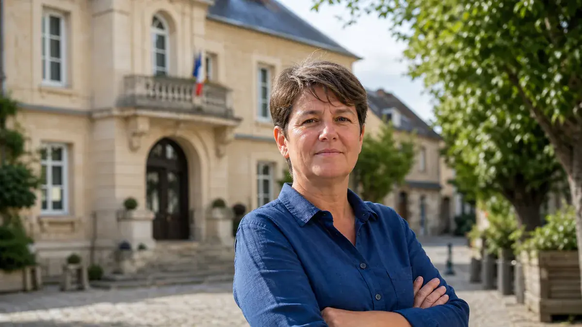 Femme aux cheveux courts, bras croisés et regard assuré, sur une place pavée devant une mairie