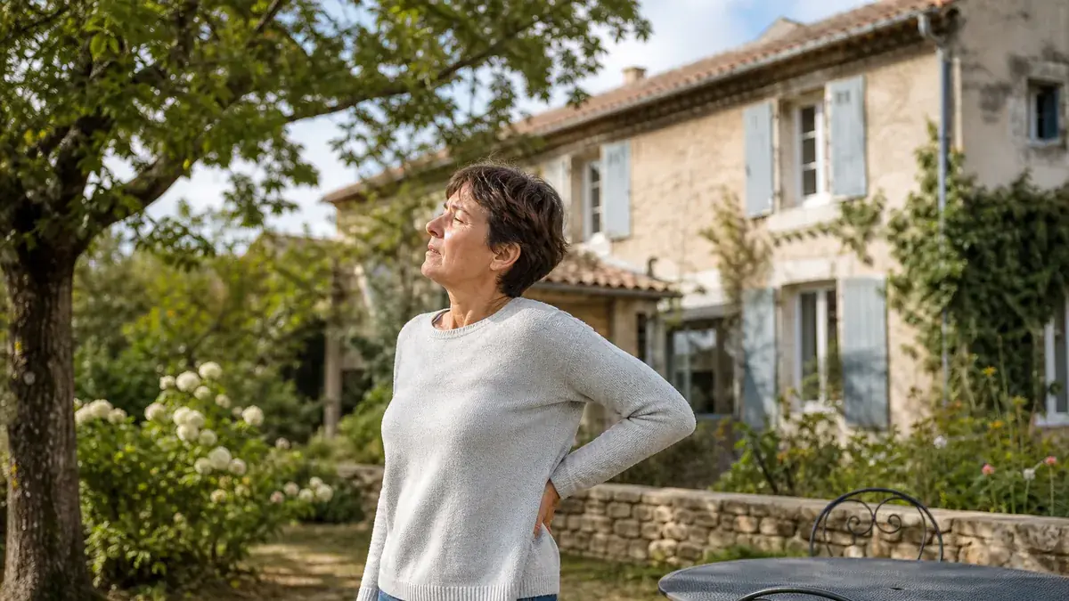 Femme en pull clair se tenant le bas du dos d’une main, debout dans un jardin devant une maison en pierre