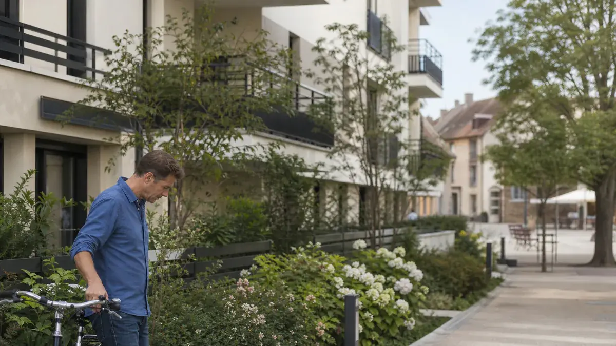 Homme en chemise bleue penché vers l’avant près d’un vélo, dans une allée fleurie au pied d’un immeuble