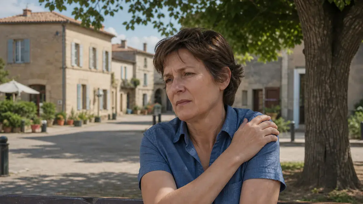 Femme assise sous un arbre sur une place de village, la main posée sur l’épaule gauche, l’air soucieux