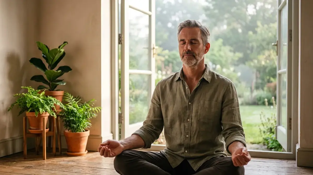 Homme assis en tailleur, yeux fermés, qui médite devant une porte-fenêtre ouverte sur un jardin