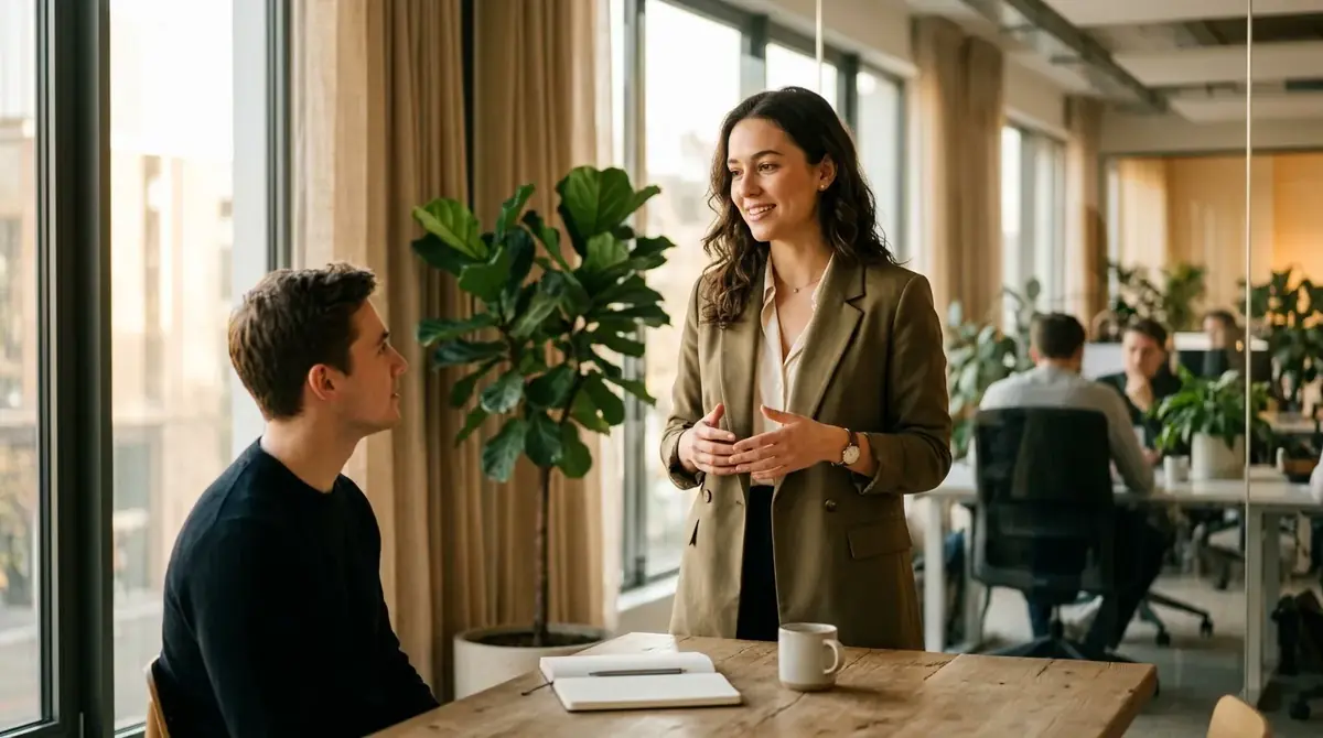 Femme souriante qui échange avec un jeune homme dans un espace de travail lumineux