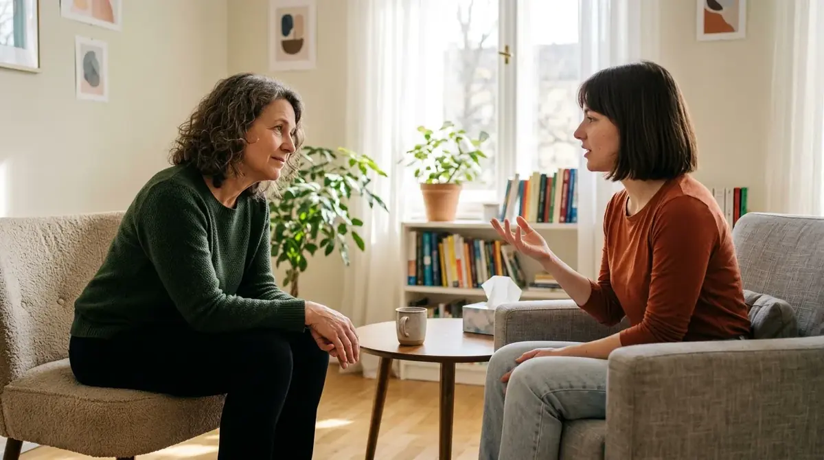Deux femmes en conversation, assises face à face dans un salon lumineux