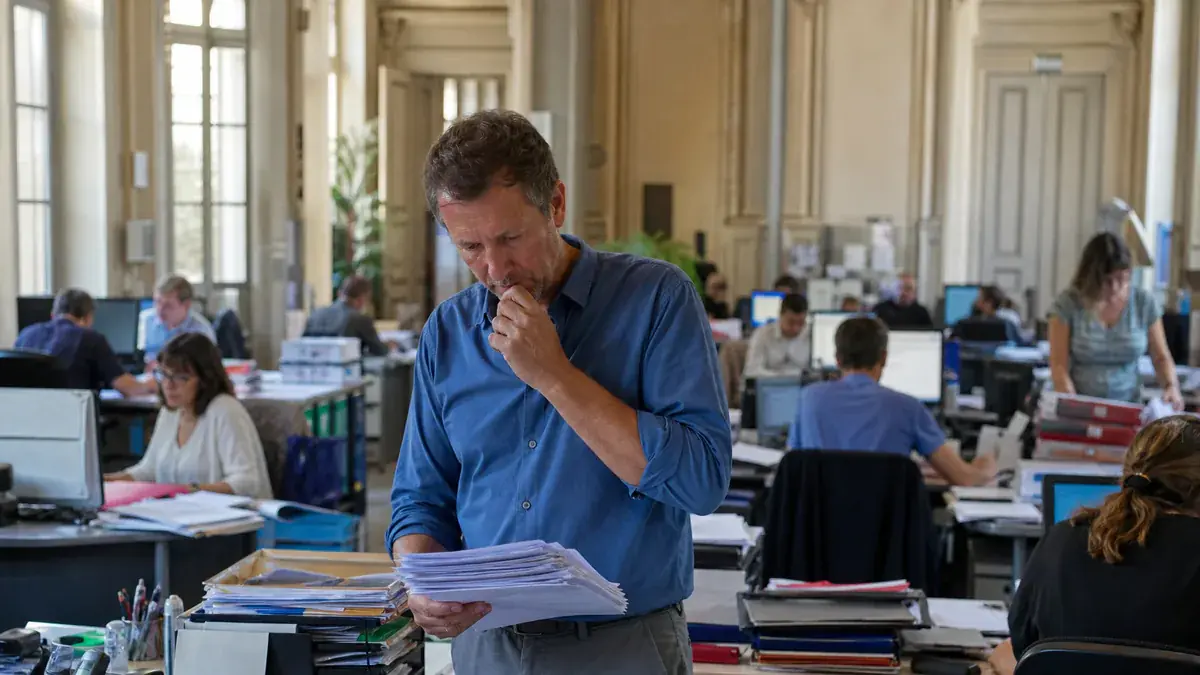 Homme debout dans un open space encombré de dossiers, lisant une liasse de papiers, la main sur le menton