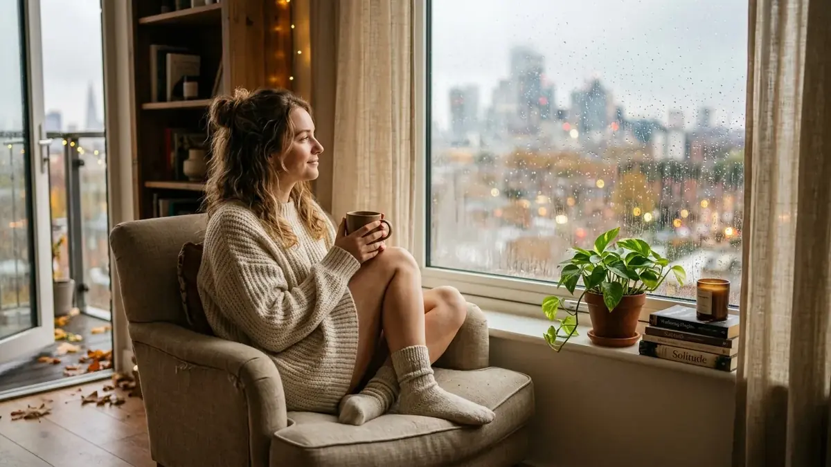 Femme assise dans un fauteuil, tasse à la main, contemplant la ville pluvieuse depuis un salon cosy