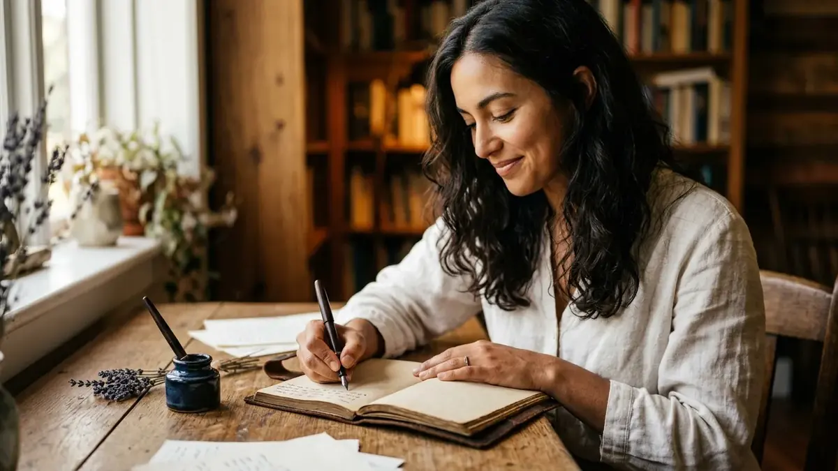 Femme souriante qui écrit à la plume dans un carnet, près d'une fenêtre et d'un encrier