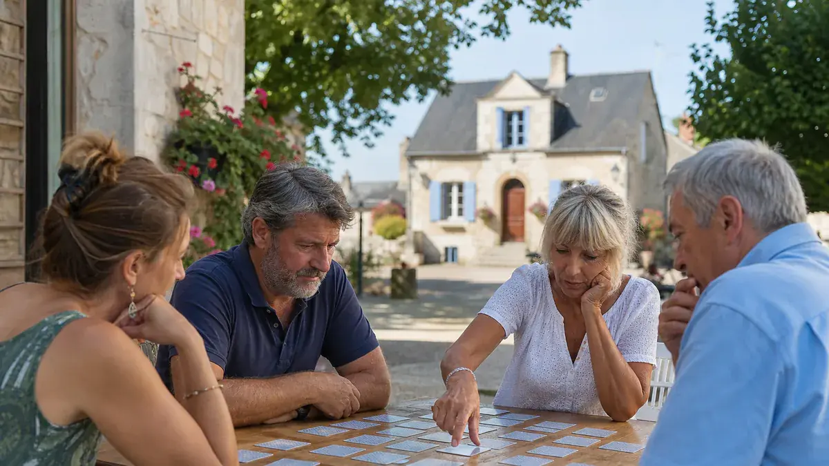 Quatre adultes concentrés autour d’une table en terrasse, jouant à retrouver les paires d’un jeu de cartes