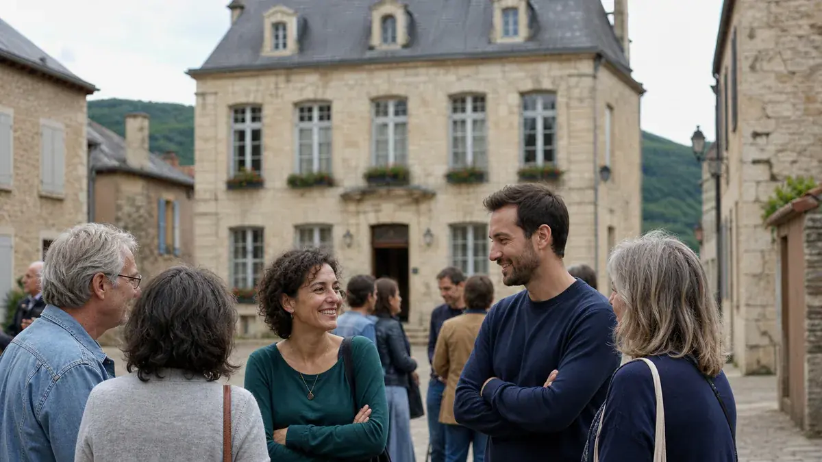 Groupe d’adultes discutant en souriant sur une place de village, devant une grande maison en pierre
