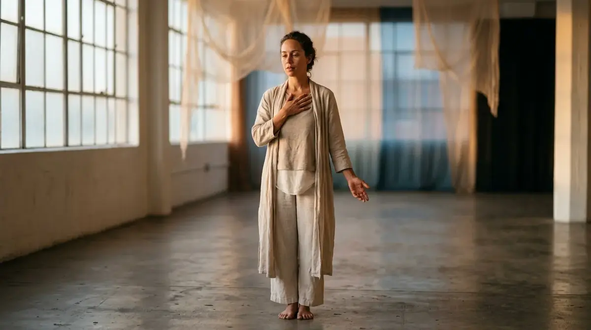 Femme debout seule dans une grande salle vide et lumineuse, la main posée sur la poitrine
