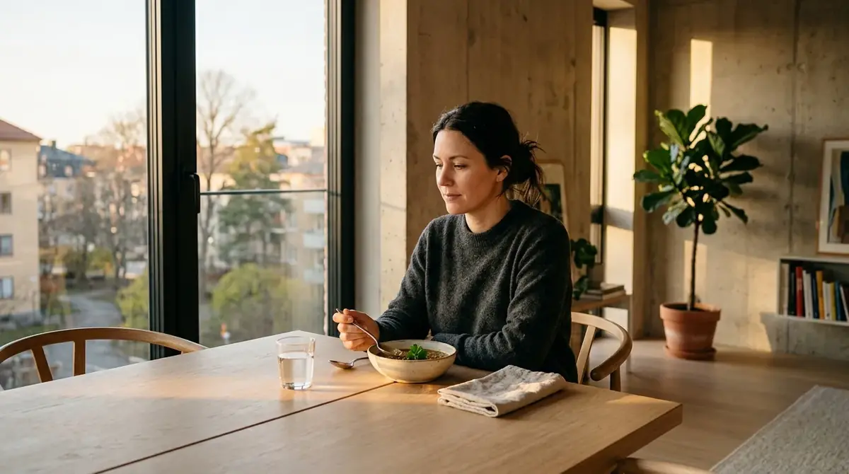 Femme qui déjeune seule à une grande table en bois face à une baie vitrée