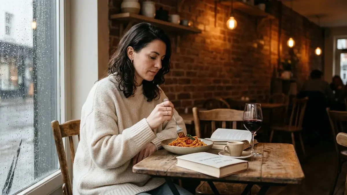 Femme qui dîne seule à une table de café près de la fenêtre, un livre et un verre de vin à côté