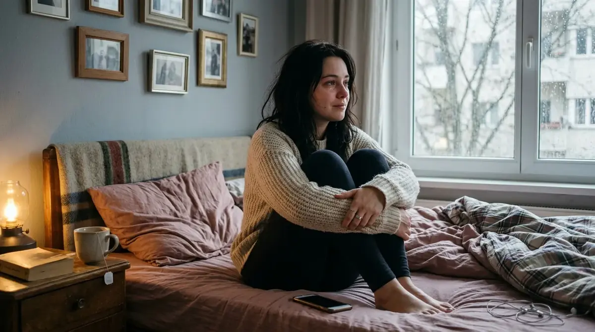 Femme assise sur un lit défait, genoux contre elle, regardant la fenêtre dans une chambre intime
